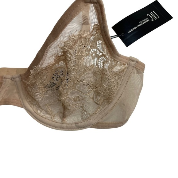 INC Intimates Underwire Lace Bra & Lace Trim Mesh Brief Underwear Almond Latte M - Picture 4 of 14